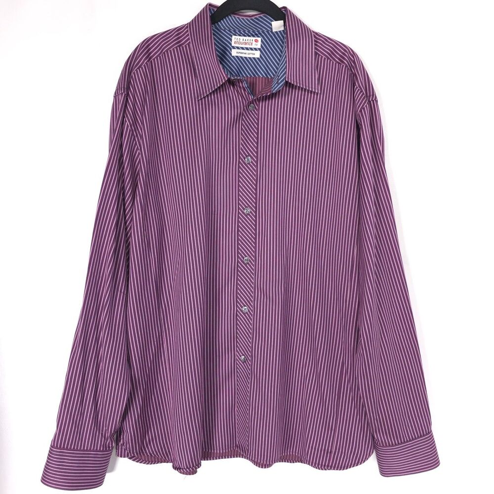 TED BAKER Mens Dress Shirt 17.5 SUPER FINE COTTON Long Sleeve Striped Purple